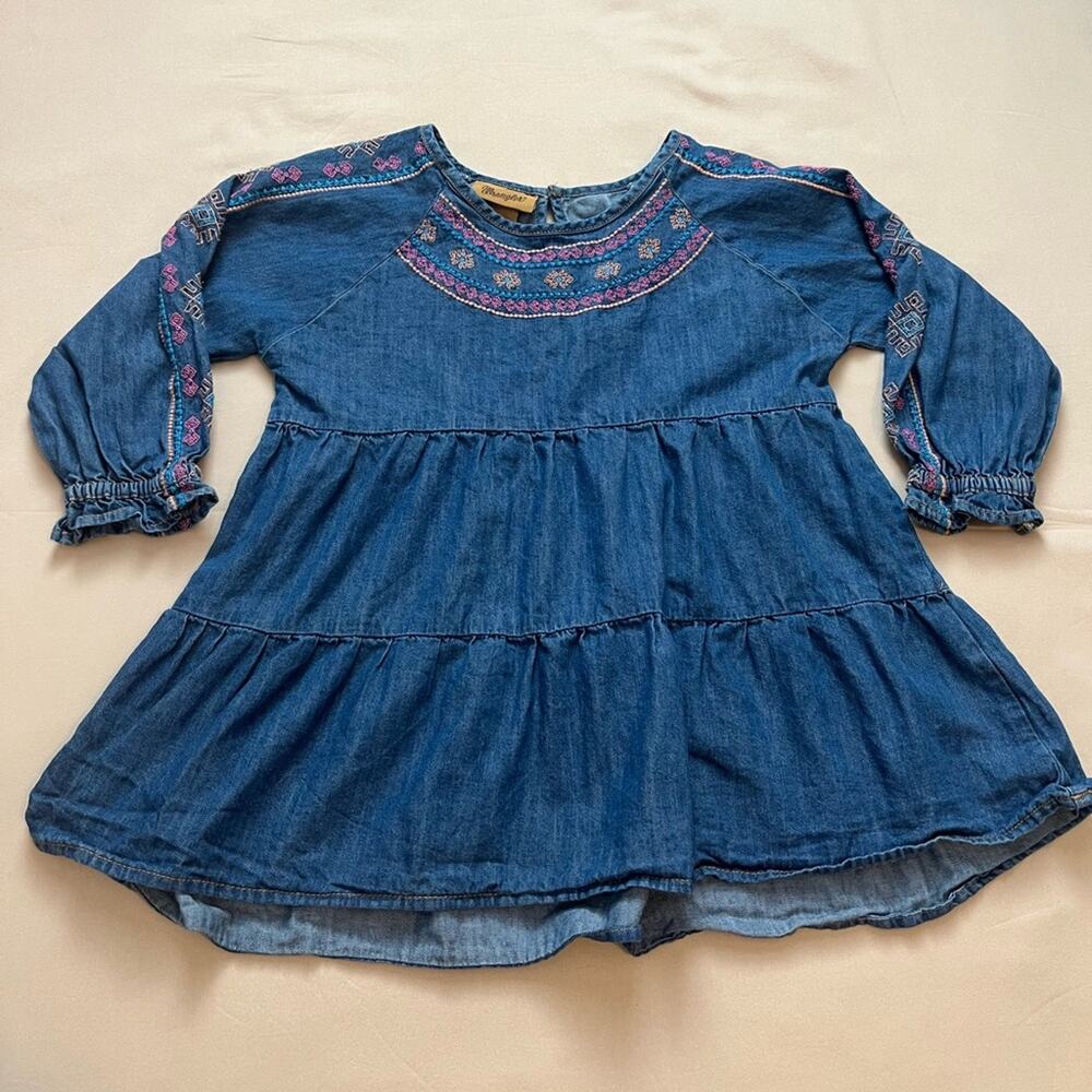 Wrangler Girls Embroidered Tiered Swing Denim Shirt Size Medium